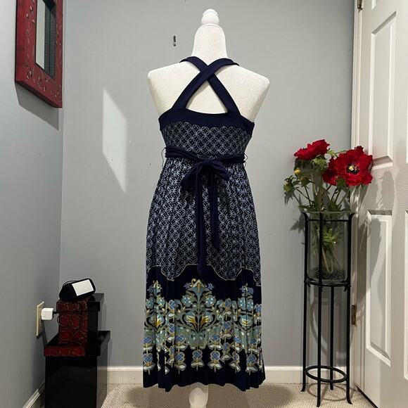 Deletta x Anthropologie Empire Fit Flare Plunge Halter Belted Boho Midi Dress S - Picture 4 of 16